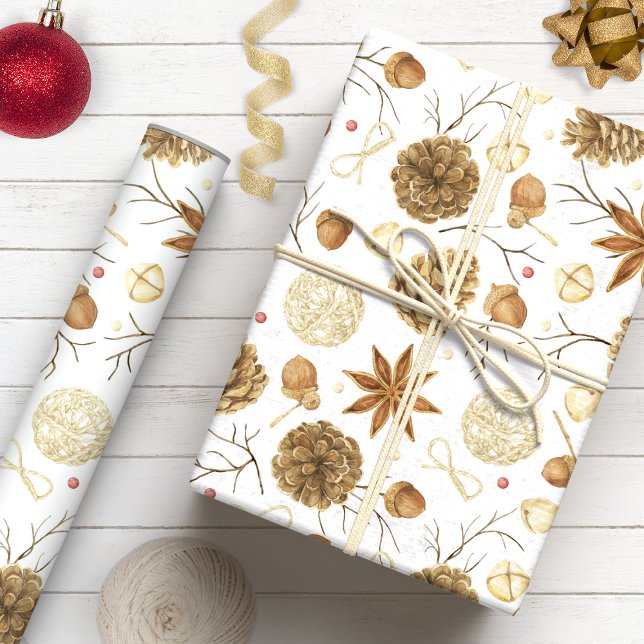 Papier Cadeau Fête de cône de pin aquarelle de campagne rustique (Créateur téléchargé)