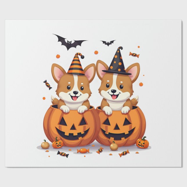 Papier Cadeau Fête de Corgi Citrouille (Plat)