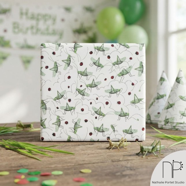 Papier Cadeau Fête de criquets amusants - Bonanza de jolis insec (Hand-drawn jumping grasshopper and ladybug kids insect wrapping paper for bug-themed celebration)