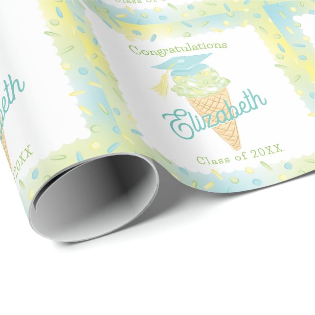 Papier Cadeau Fête de fin d'études avec glace Bleu Vert (Coin rond)