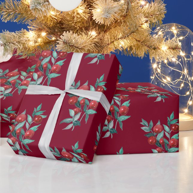 Papier Cadeau Fête de l'aquarelle Noël Baies rouges Bourgogne (Vacances)