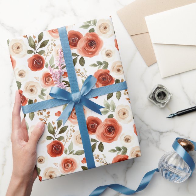 Papier Cadeau Fête de mariage Coeurs et Fleurs rouge crème (Cadeaux)