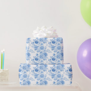 Papier Cadeau Fête de mariage fleurie bleue romantique