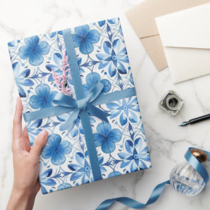 Papier Cadeau Fête de mariage Fleurs Blanches Bleues