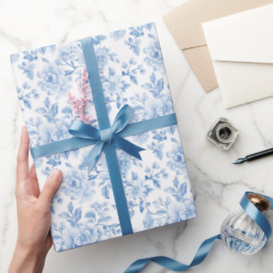 Papier Cadeau Fête de mariage Fleurs Blanches Bleues Romantiques