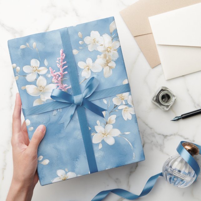 Papier Cadeau Fête de Mariage Fleurs Blanches Jolis Bleu Ciel (Cadeaux)