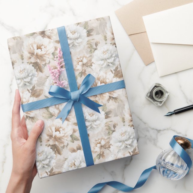 Papier Cadeau Fête de mariage Fleurs Blanches Marron (Cadeaux)