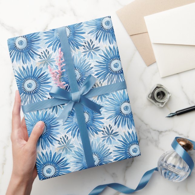 Papier Cadeau Fête de mariage floral blanc et bleu (Cadeaux)