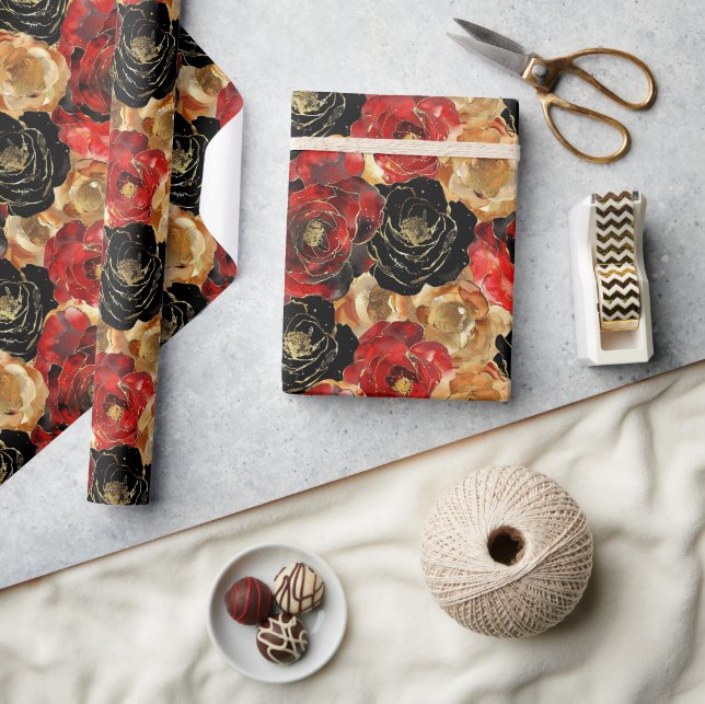 Papier Cadeau Fête de mariage floral noir or (Artisanat)