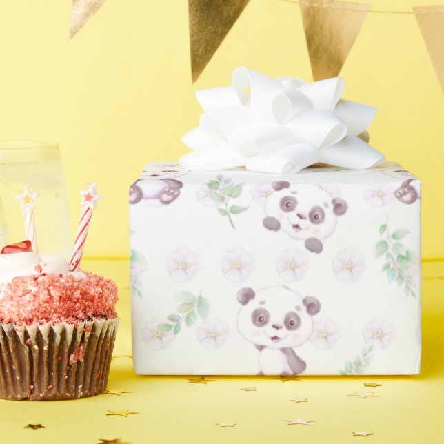 Papier Cadeau Fête de Naissance Bébé Panda Mignon Fleurs Ballons (Fête d'anniversaire)