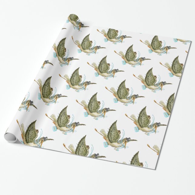 Papier Cadeau FÊTE DE NAISSANCE DE BÉBÉ GARÇON CIGOGNE , Bleu sa (Déroulé)