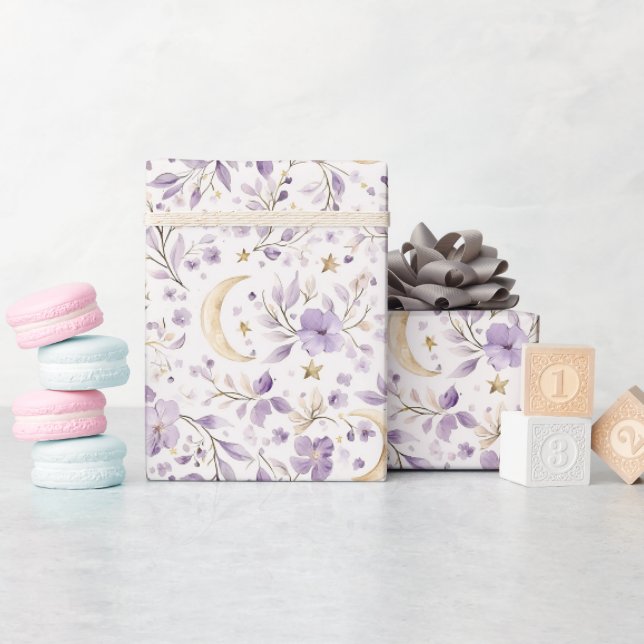 Papier Cadeau Fête de Naissance Lune Étoiles & Fleurs Violettes (Baby Shower)