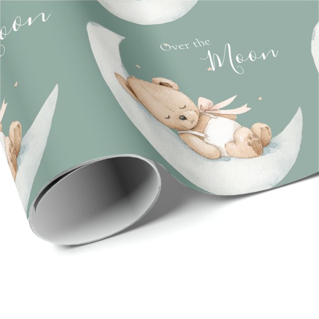 Papier Cadeau Fête de Naissance Ourson Au-Dessus de la Lune (Coin rond)