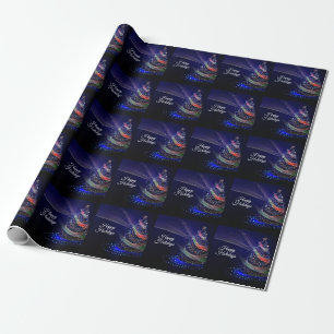 Papier Cadeau Fête de Noël Arbre coloré Marine Bleu Rustique