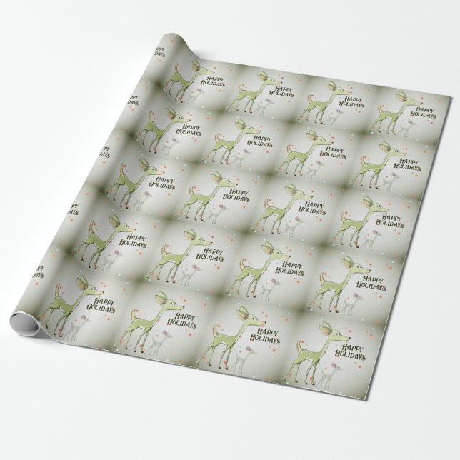 Papier Cadeau Fête de Noël Cerfs Verts Vacances Mignon (Déroulé)