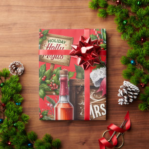 Papier Cadeau Fête de Noël Cocktail avec Boissons sur Fond Rouge