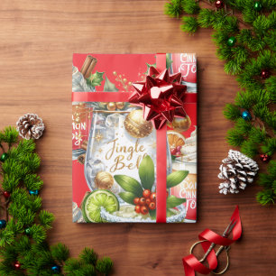 Papier Cadeau Fête de Noël Cocktail avec boissons sur fond rouge