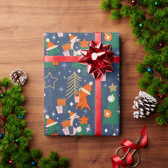 Papier Cadeau Fête de Noël des dinosaures bleue (Cadeau de vacances)