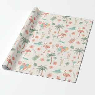 Papier Cadeau Fête de plage Palmiers tropicaux Flamants roses