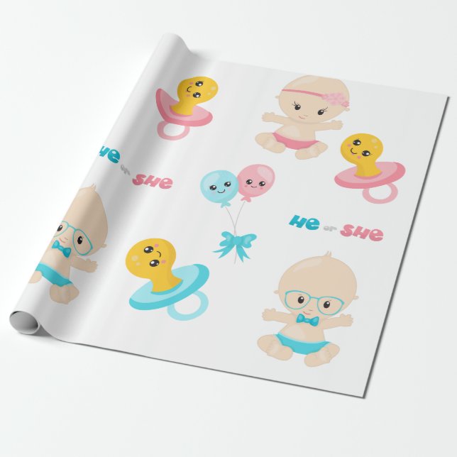Papier Cadeau Fête de Révélation du Sexe Rose Bleu Adorable Bébé (Déroulé)
