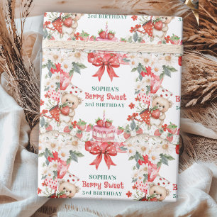 Papier Cadeau Fête des 3 ans douce à la fraise vintage 