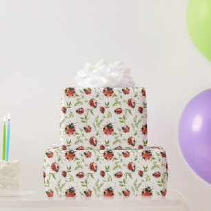 Papier Cadeau Fête des coccinelles aux feuilles rouges et vertes