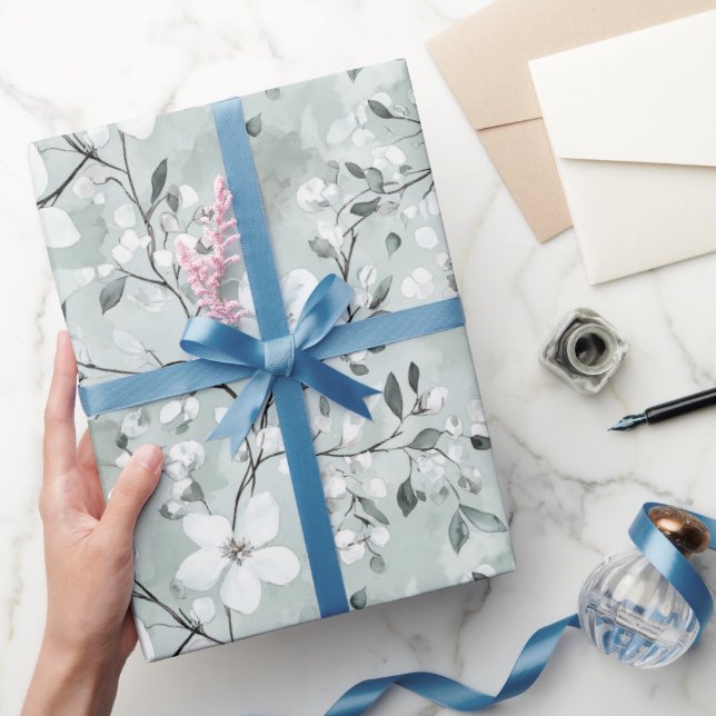 Papier Cadeau Fête des mariées de Fleurs blanches gris chic (Cadeaux)