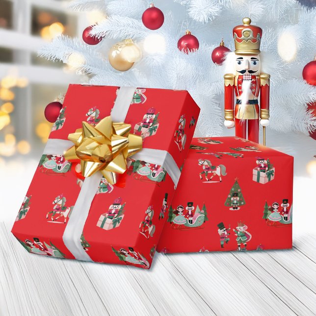 Papier Cadeau Fête des noisettes rouge vert Noël (Nutcracker Festive Red Green Christmas Holiday Wrapping Paper)