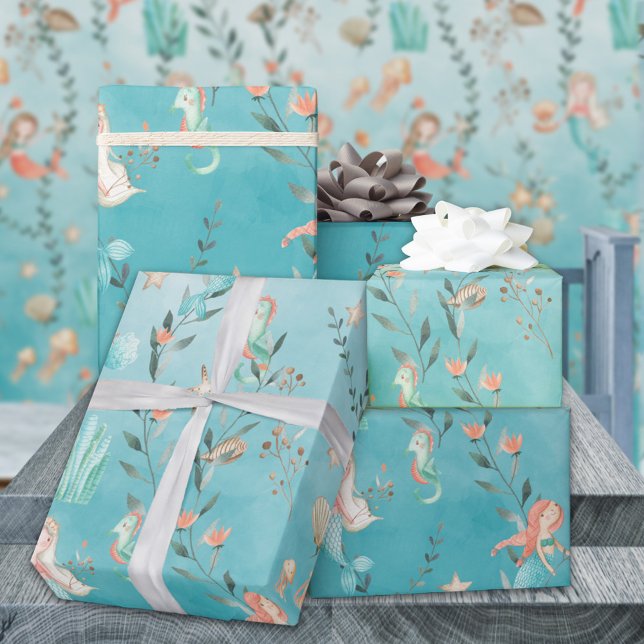 Papier Cadeau Fête des sirènes sous la mer bleue des Caraïbes (Mermaids Party Under The Caribbean Blue Sea Gift Wrapping Paper Rolls)
