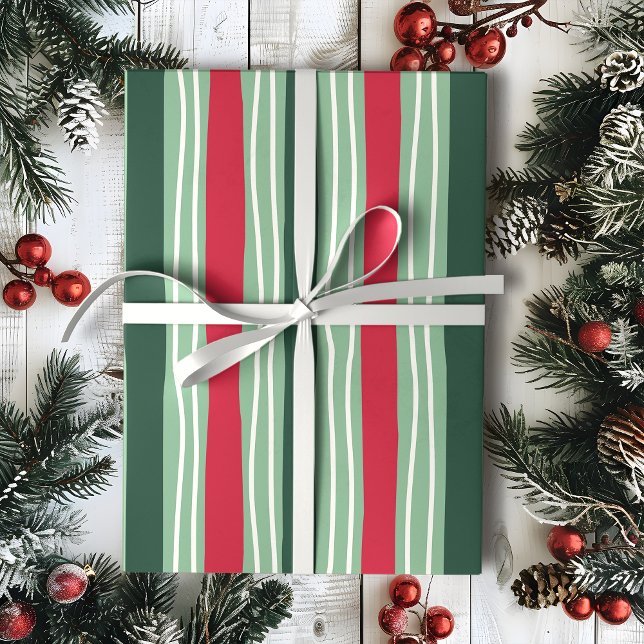 Papier Cadeau Fête dessiné à la main avec rayures rouges et vert (Créateur téléchargé)