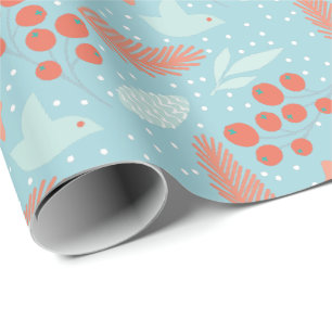 Papier Cadeau Fête d'hiver Rouge Berry Bleu Oiseau Floral Noël