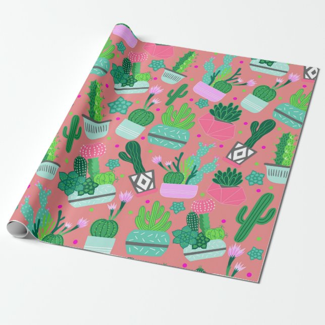 Papier Cadeau Fête douce 16 ans motif de cactus rose du sud-oues (Déroulé)