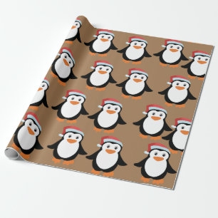 Papier Cadeau fête du pingouin Noël avec casquette rouge cadeau