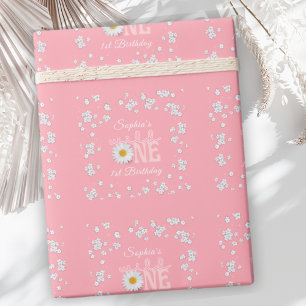 Papier Cadeau Fête du premier anniversaire Pink Daisy Wild One 