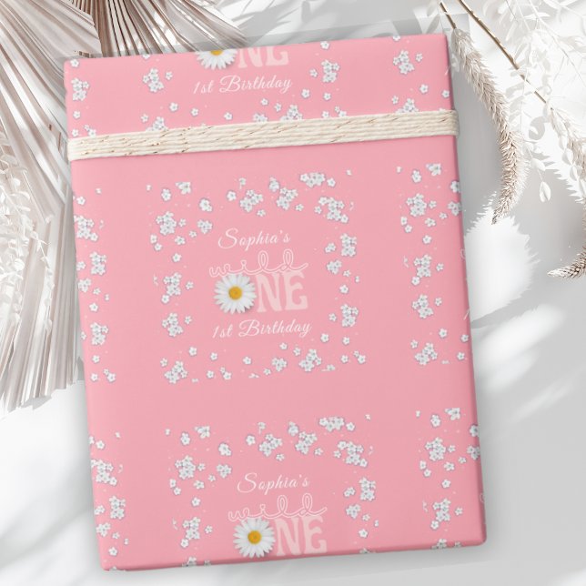 Papier Cadeau Fête du premier anniversaire Pink Daisy Wild One  (Créateur téléchargé)