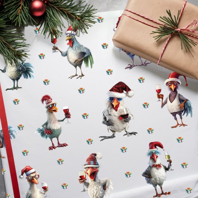 Papier Cadeau Fête du vin de poulet Fête Noël Blanc (Créateur téléchargé)