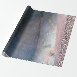 Papier Cadeau Fête moderne aquarelle bleu et rose or rose