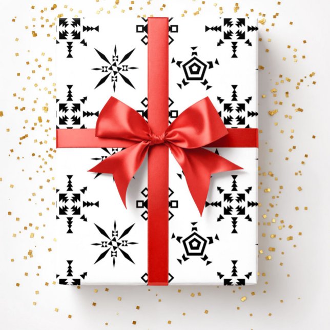 Papier Cadeau Fête Noir Et Blanc Fête De Flamme De Neige (Festive Black And White Snowflake Christmas Wrapping Paper)