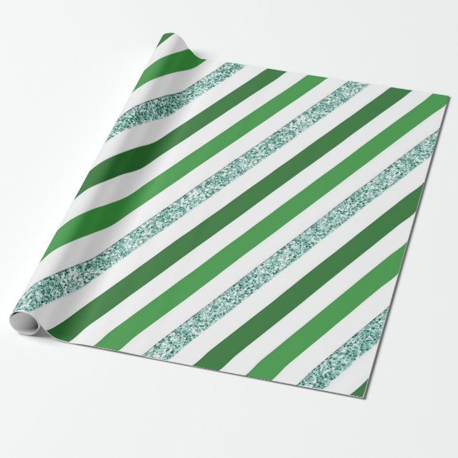 Papier Cadeau Fête rayée de blanc et paillettes vertes (Déroulé)