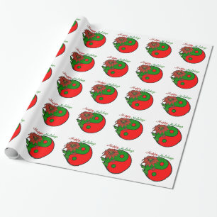 Papier Cadeau Fête Yin Yang Poinsettia Vert Rouge