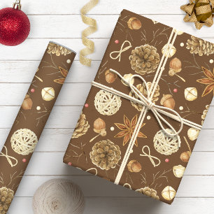 Papier Cadeau Fêtes de campagne rustique aquarelle cône de pin b