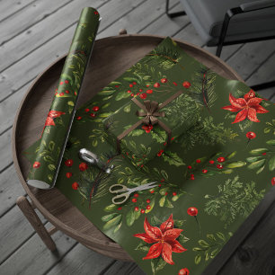 Papier Cadeau Fêtes de Noël Berries Verdure Botanique