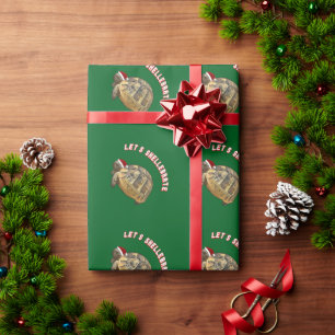 Papier Cadeau Fêtons la tortue de Noël portant un Père Noël