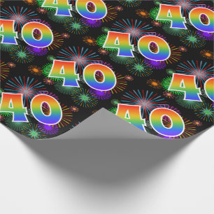 Papier Cadeau Feu d'artifice coloré + Motif arc-en-ciel "40" Nu