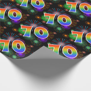 Papier Cadeau Feu d'artifice coloré + Motif arc-en-ciel "70" Num