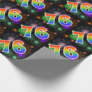 Papier Cadeau Feu d'artifice coloré + Motif arc-en-ciel "76" Num