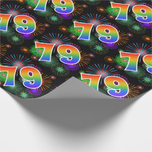 Papier Cadeau Feu d'artifice coloré + Motif arc-en-ciel "79" Num