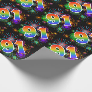Papier Cadeau Feu d'artifice coloré + Motif arc-en-ciel "91" N°