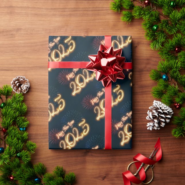 Papier Cadeau Feu d'artifice du Joyeux Nouvel An 2025 (Cadeau de vacances)