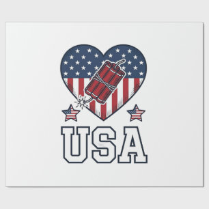 Papier Cadeau Feu d'artifice patriotique américain Cœur Vintage